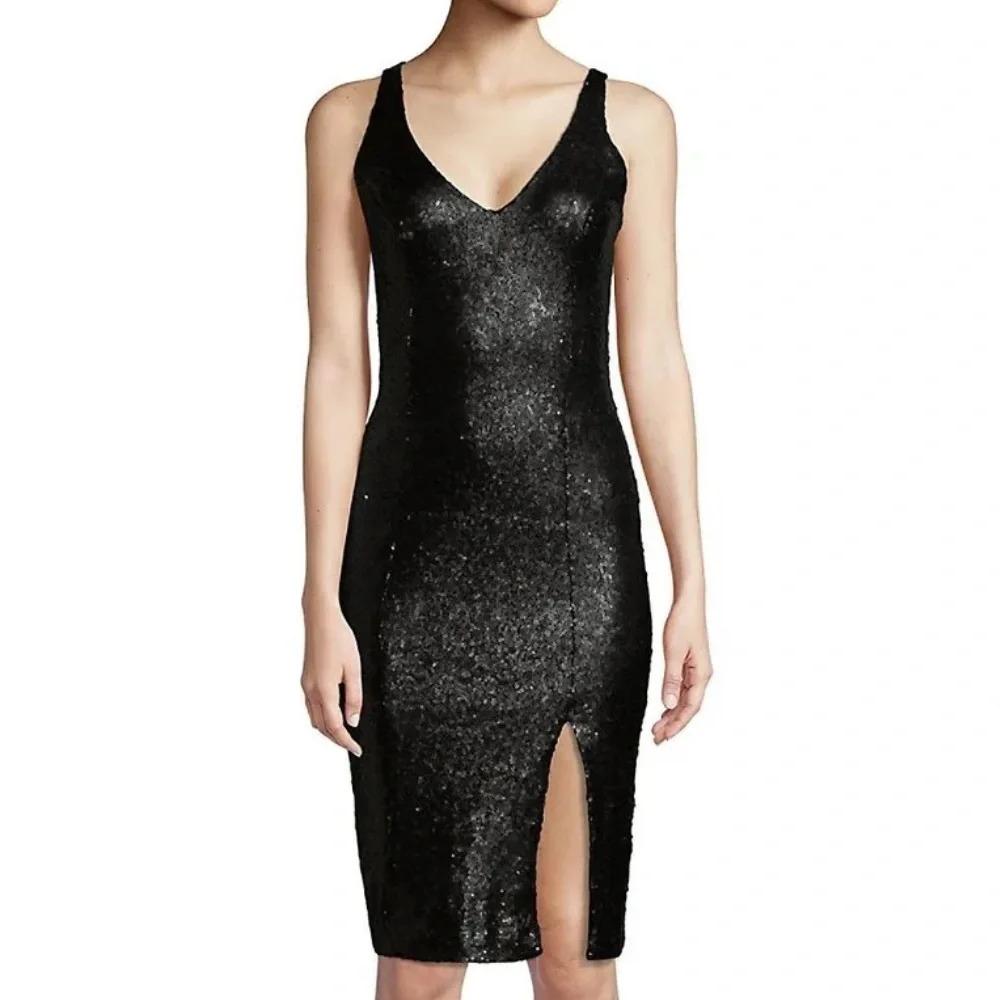 Jay Godfrey Black Full Sequin Slit Knee Length Sheath Dress Formal Prom EUC Sz 8